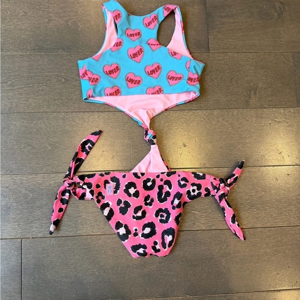 Designer Pink & Turquoise Heart Leopard Cutout Swimsuit